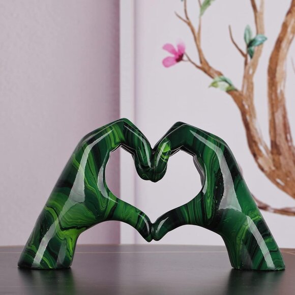 Resin Sculpture, Fluid Green Heart Decoration, Modern Art Statue for Home Decor - Picture 2 of 8